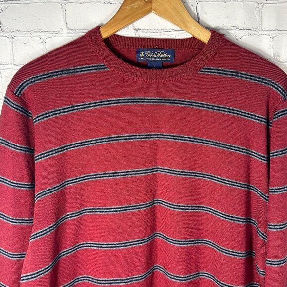 Brooks Brothers Mens Extra Fine Merino Wool Red Blue Gray Striped Sweater size L - Picture 2 of 6
